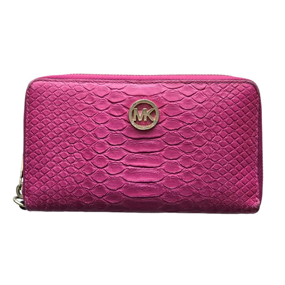 Michael Kors Fuchsia Pink Python Snakeskin Embossed Leather Zip Wallet - Picture 1 of 7